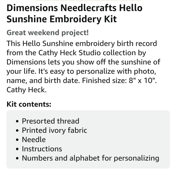 Cathy Heck Hello Sunshine Birth Announcement Embroidery Kit - Picture 5 of 6